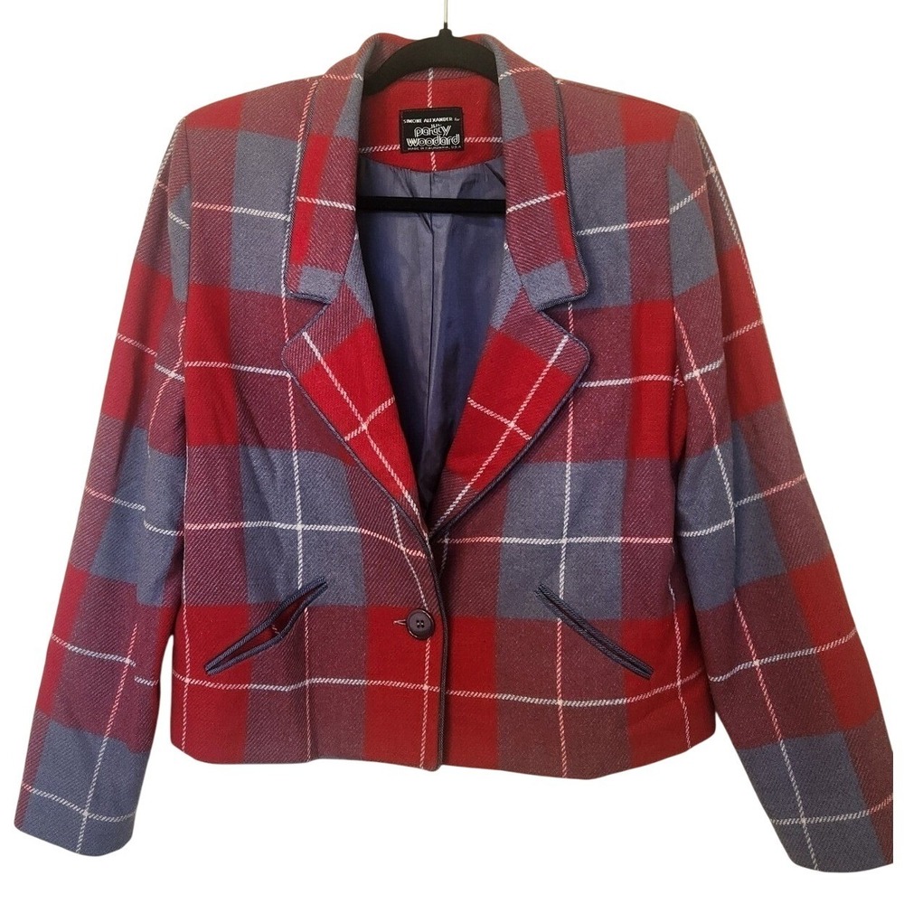 Vtg‎ Patty Woodard Red Grey Plaid Wool Cropped Blazer Medium/Large